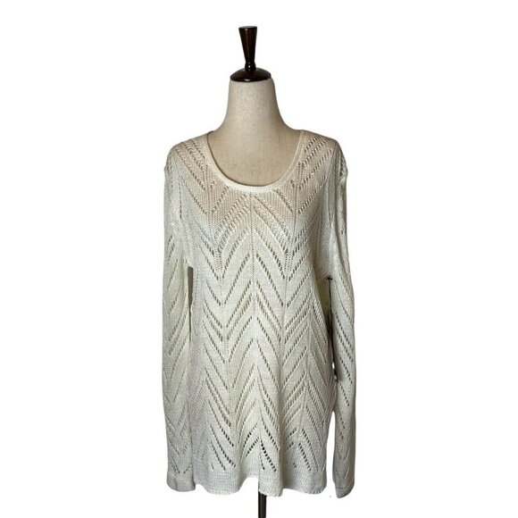 FYLO Ivory Open Crochet Knit Long‎ Sleeve Round Neck Pullover Sweater Size S - Picture 3 of 9